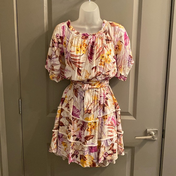 City Chic Mini Ruffle Hot Pink and Gold Floral Ruffle Dress - Picture 2 of 5